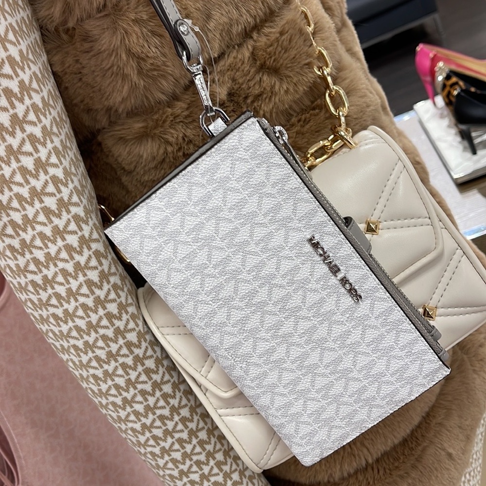 MICHAEL KORS LARGE DOUBLE ZIP WRISTLET PHONEHOLDER WALLET CLUTCH BRIGHT WHITE